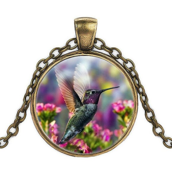 Gold Hummingbird Cabochon Pendant Necklace 20" Gift - Picture 1 of 3